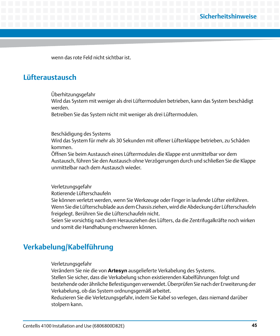 Lüfteraustausch, Verkabelung/kabelführung | Artesyn Centellis 4100 Installation and Use (2015) User Manual | Page 43 / 208