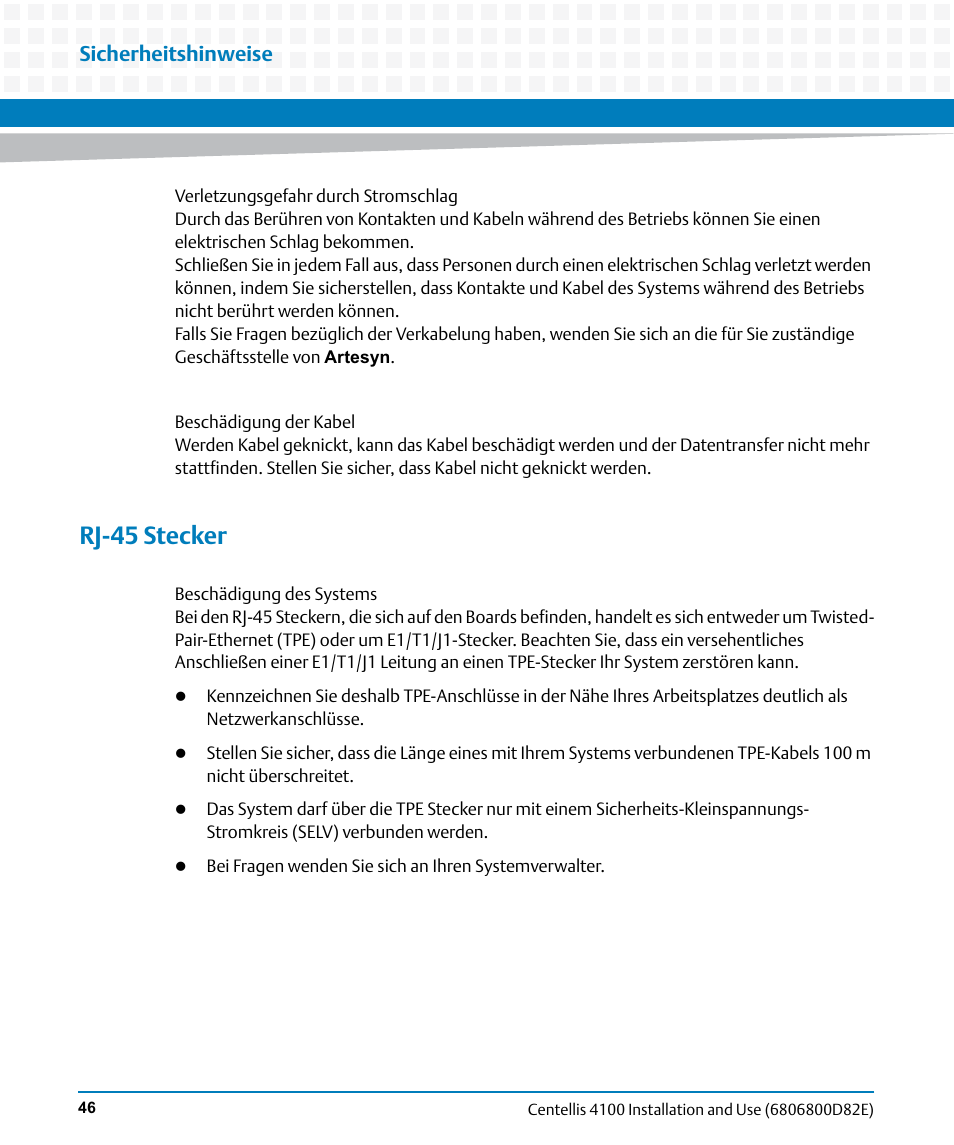 Rj-45 stecker, Sicherheitshinweise | Artesyn Centellis 4100 Installation and Use (2015) User Manual | Page 44 / 208