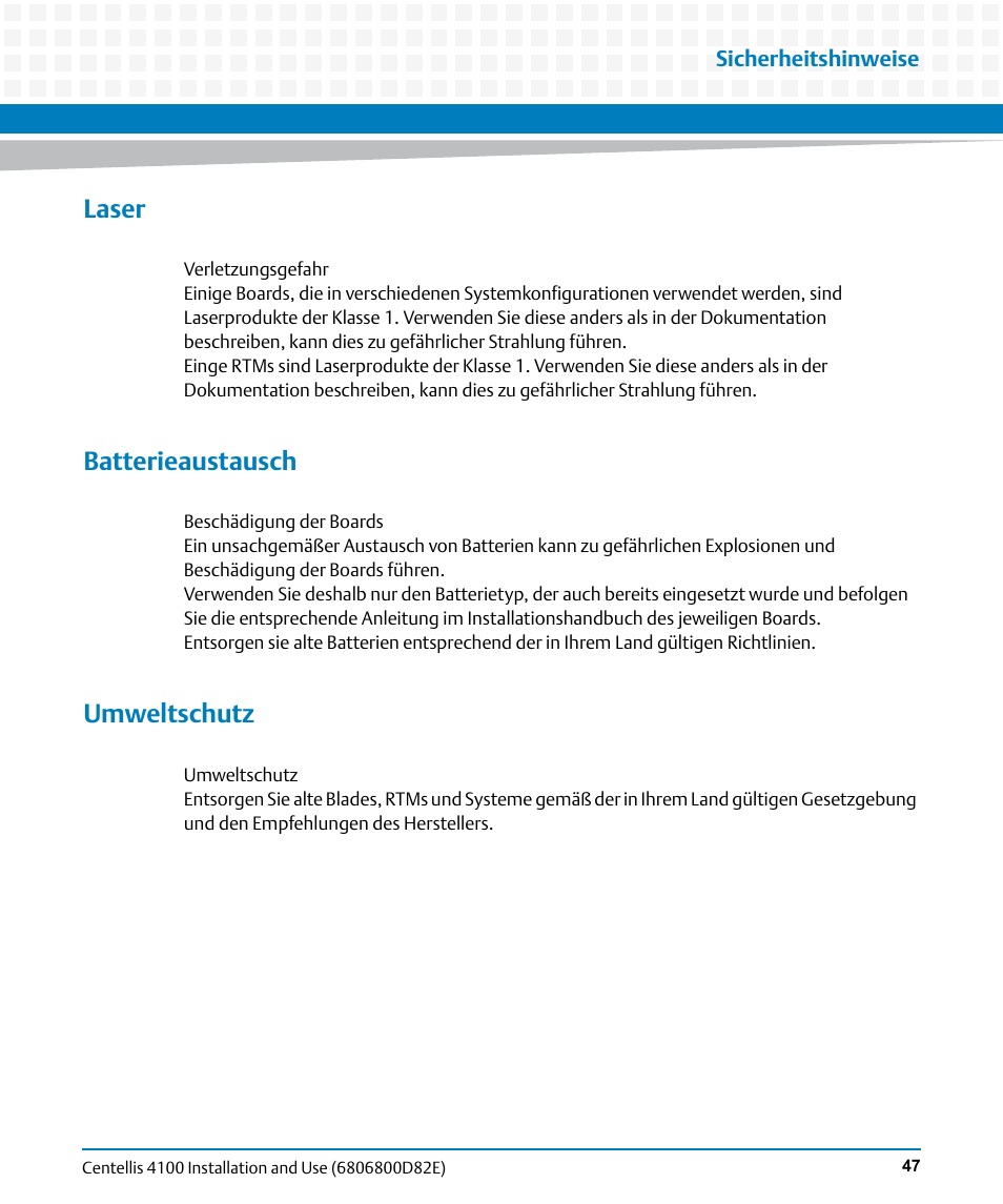 Laser, Batterieaustausch, Umweltschutz | Artesyn Centellis 4100 Installation and Use (2015) User Manual | Page 45 / 208