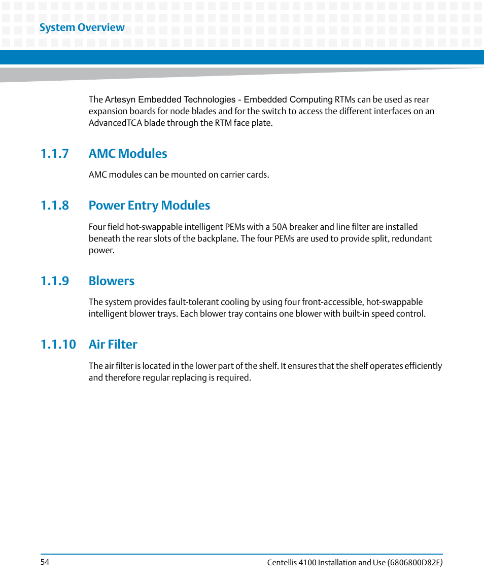 7 amc modules, 8 power entry modules, 9 blowers | 10 air filter | Artesyn Centellis 4100 Installation and Use (2015) User Manual | Page 52 / 208