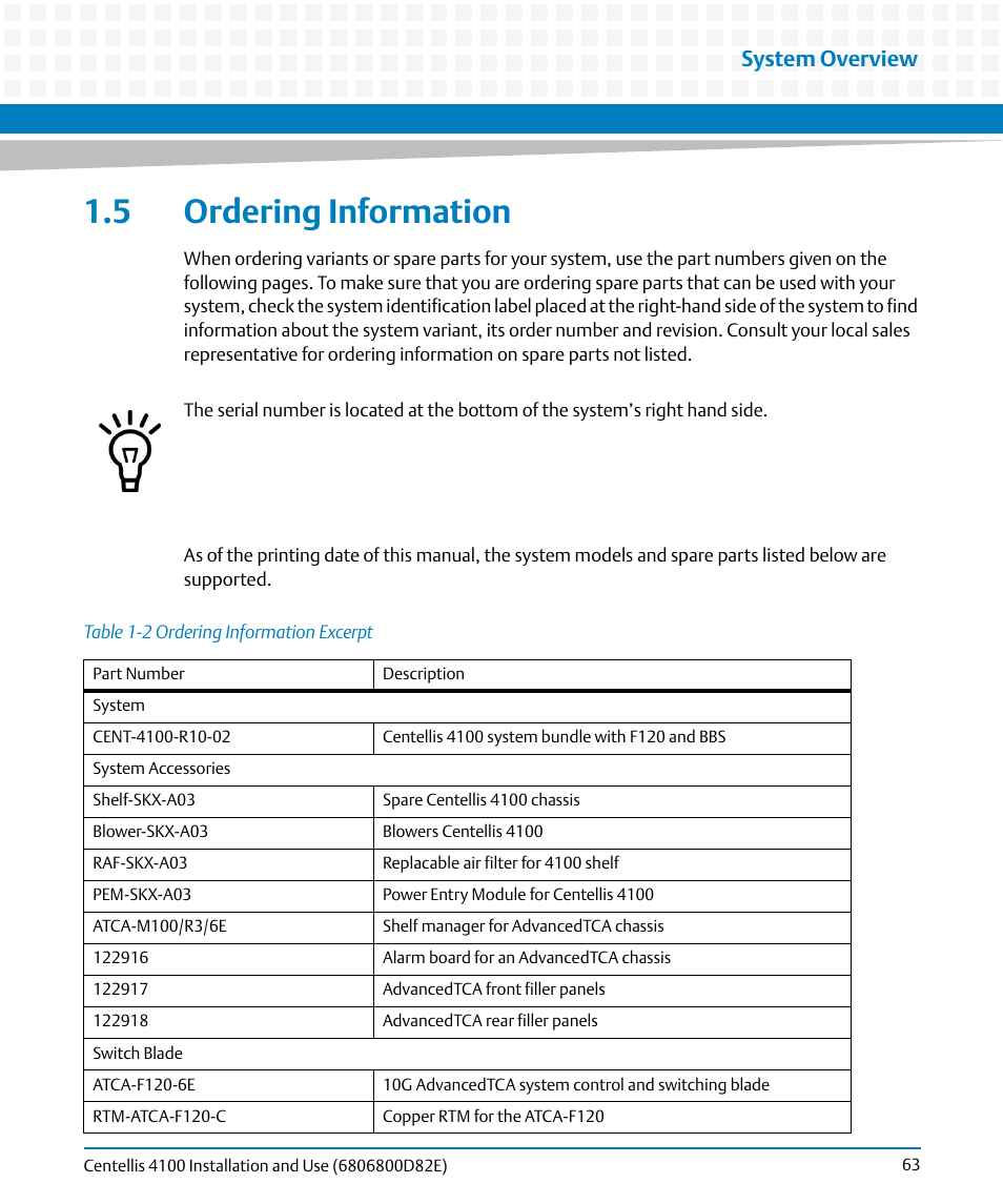 5 ordering information, Table 1-2, Ordering information excerpt | Ordering information, System overview | Artesyn Centellis 4100 Installation and Use (2015) User Manual | Page 61 / 208