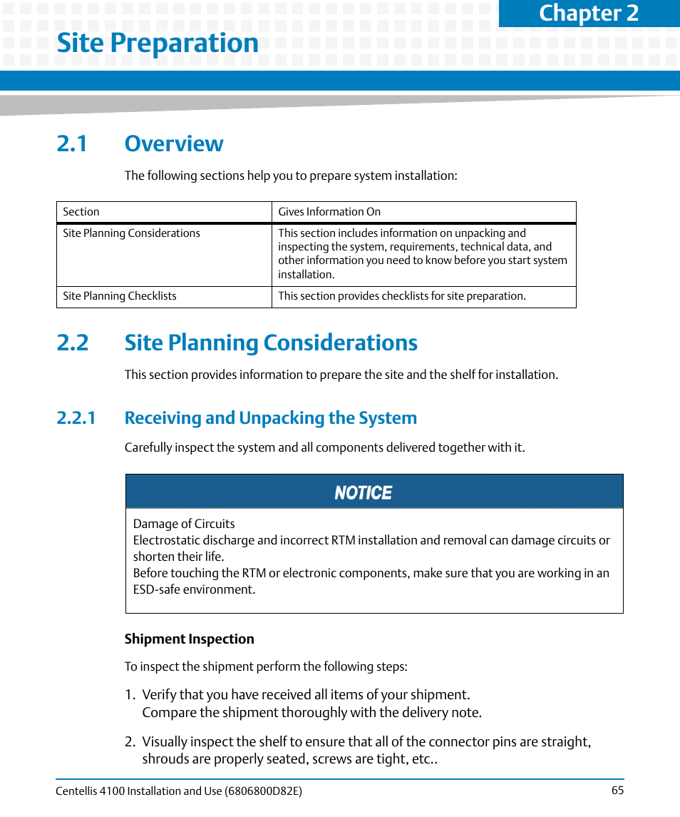 Site preparation, 1 overview, 2 site planning considerations | 1 receiving and unpacking the system, 1 overview 2.2 site planning considerations, Site planning considerations, Chapter 2 | Artesyn Centellis 4100 Installation and Use (2015) User Manual | Page 63 / 208