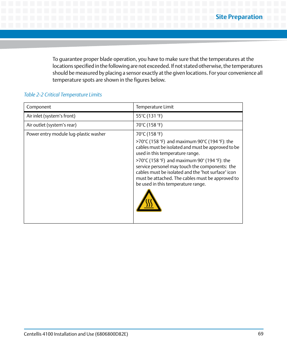 Table 2-2, Critical temperature limits, Site preparation | Artesyn Centellis 4100 Installation and Use (2015) User Manual | Page 67 / 208