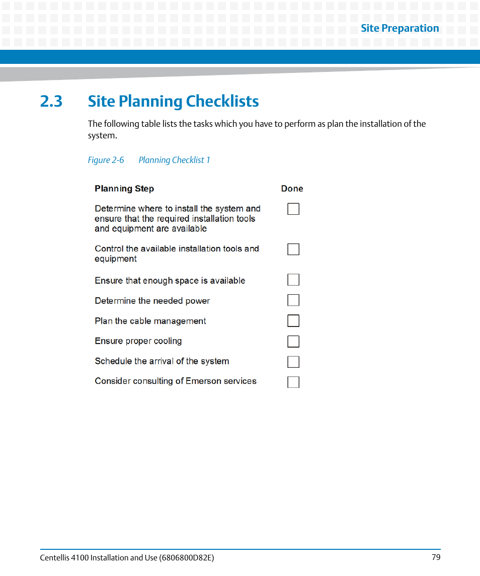 3 site planning checklists, Figure 2-6, Planning checklist 1 | Artesyn Centellis 4100 Installation and Use (2015) User Manual | Page 77 / 208