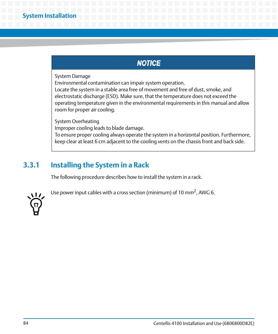 1 installing the system in a rack, Installing the system in a, Rack | Artesyn Centellis 4100 Installation and Use (2015) User Manual | Page 82 / 208