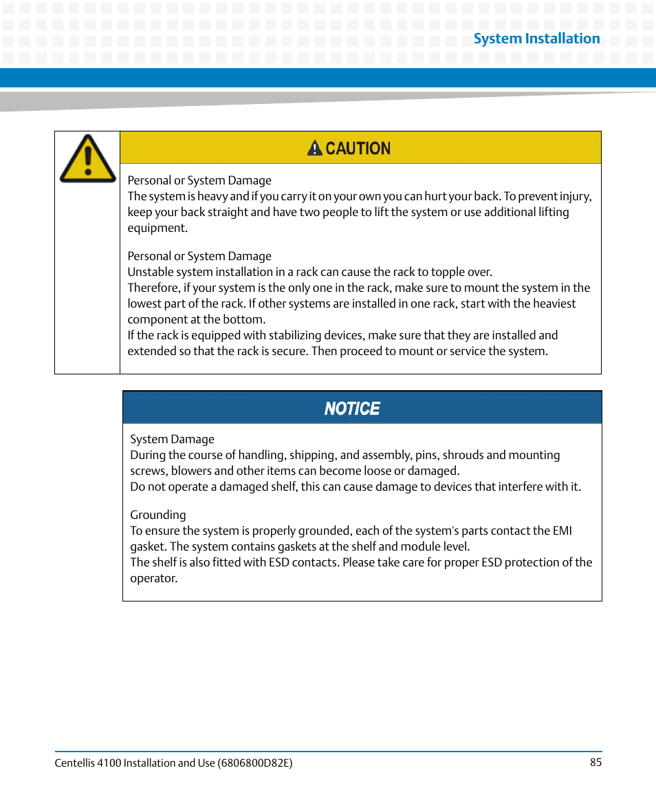 System installation | Artesyn Centellis 4100 Installation and Use (2015) User Manual | Page 83 / 208