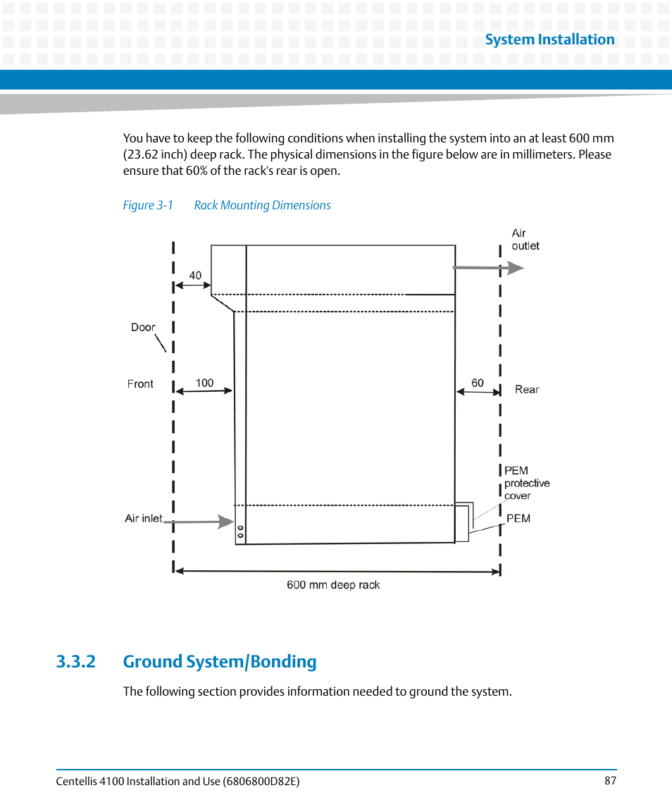 2 ground system/bonding, Figure 3-1, Rack mounting dimensions | Artesyn Centellis 4100 Installation and Use (2015) User Manual | Page 85 / 208