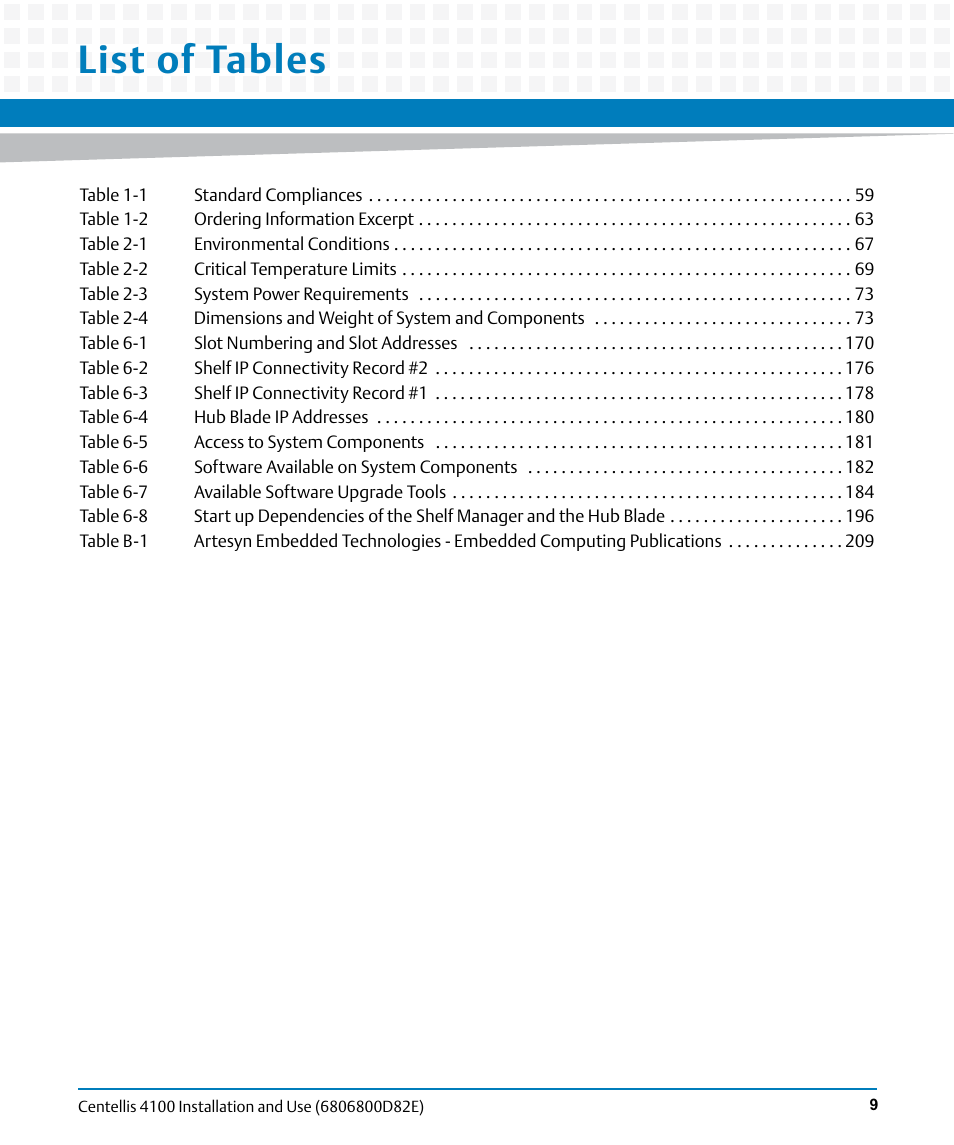 List of tables | Artesyn Centellis 4100 Installation and Use (2015) User Manual | Page 9 / 208