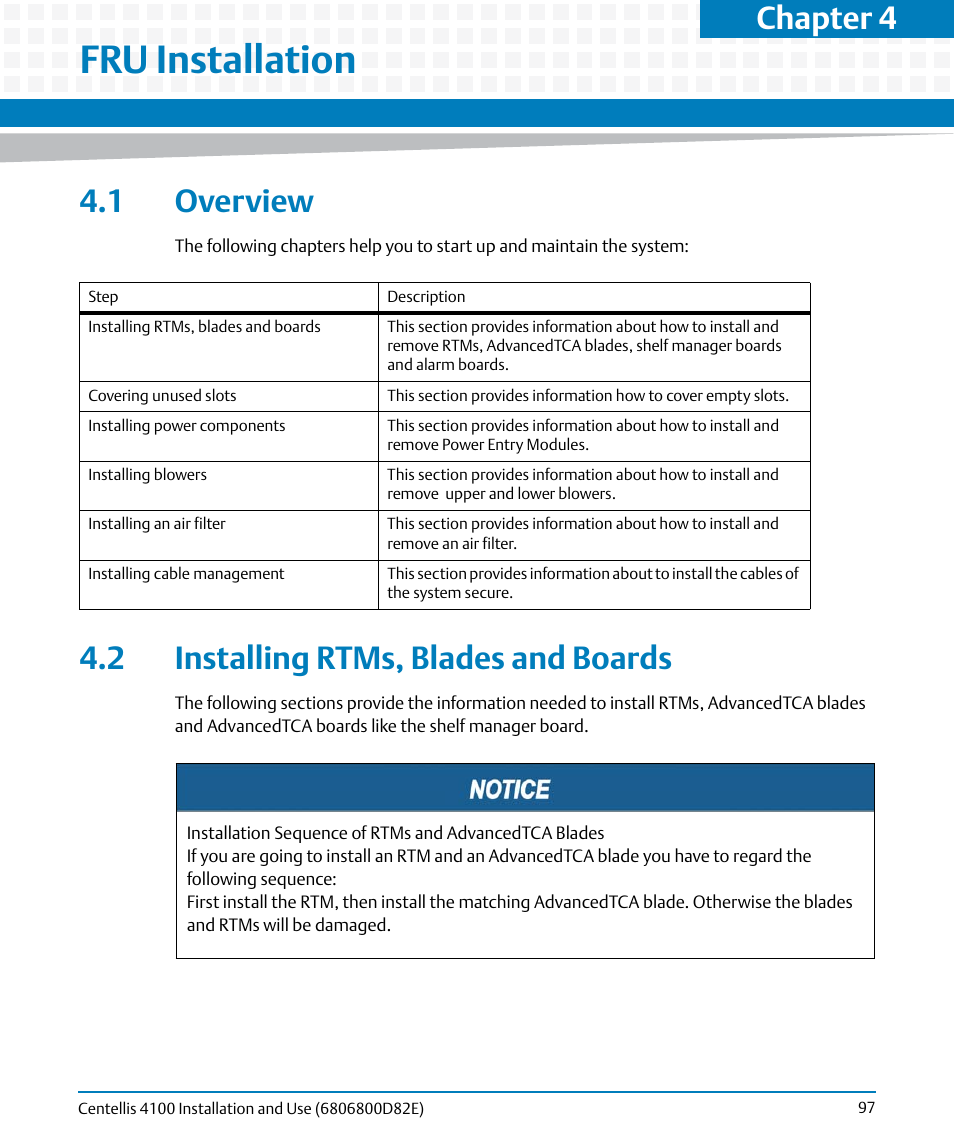 Fru installation, 1 overview, 2 installing rtms, blades and boards | 1 overview 4.2 installing rtms, blades and boards, Chapter 4 | Artesyn Centellis 4100 Installation and Use (2015) User Manual | Page 95 / 208