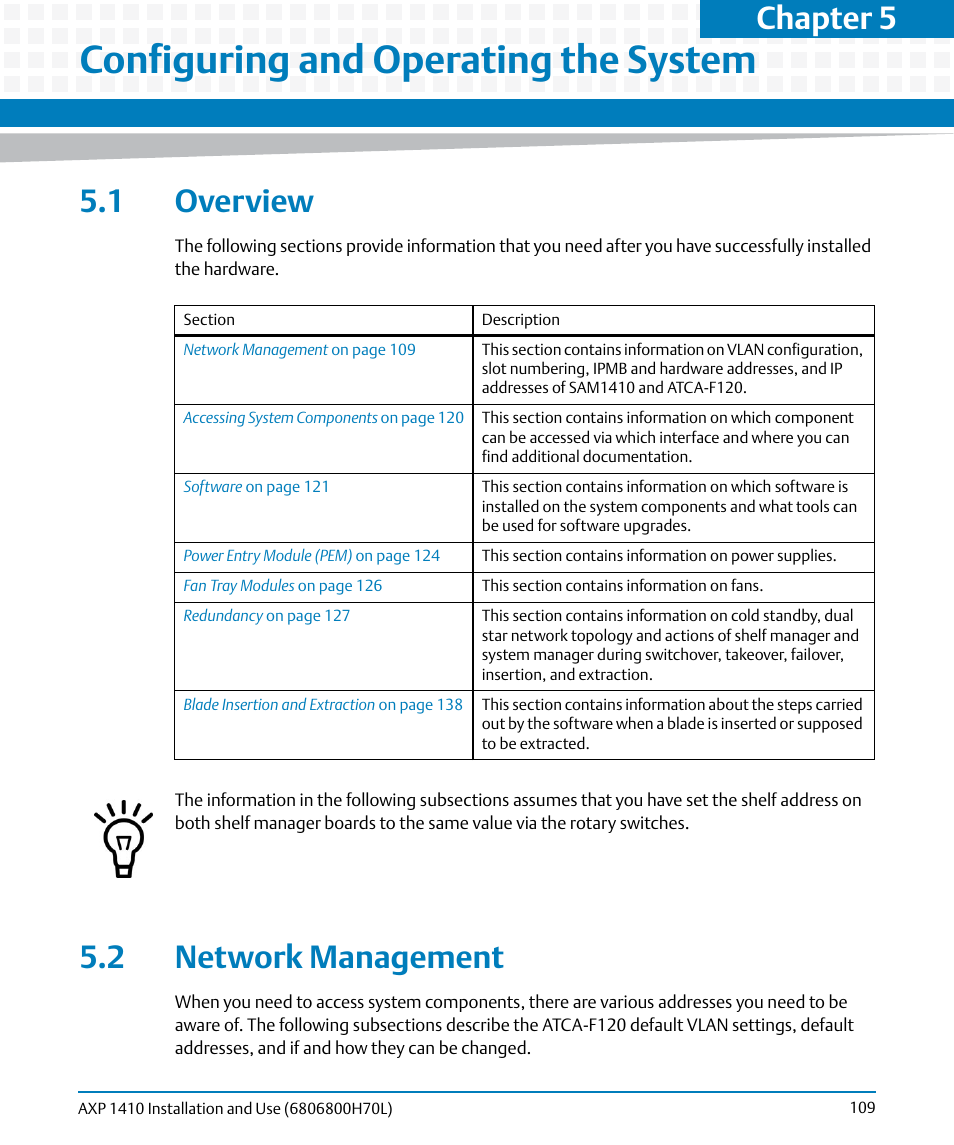 Configuring and operating the system, 1 overview, 2 network management | 1 overview 5.2 network management, 2, network management, Chapter 5 | Artesyn Centellis 4410 (AXP-1410) Installation and Use (July 2014) User Manual | Page 109 / 202