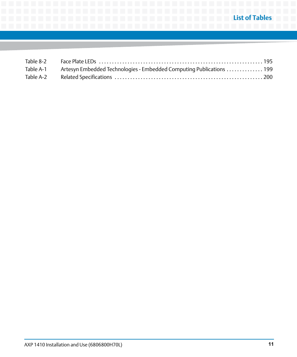 List of tables | Artesyn Centellis 4410 (AXP-1410) Installation and Use (July 2014) User Manual | Page 11 / 202