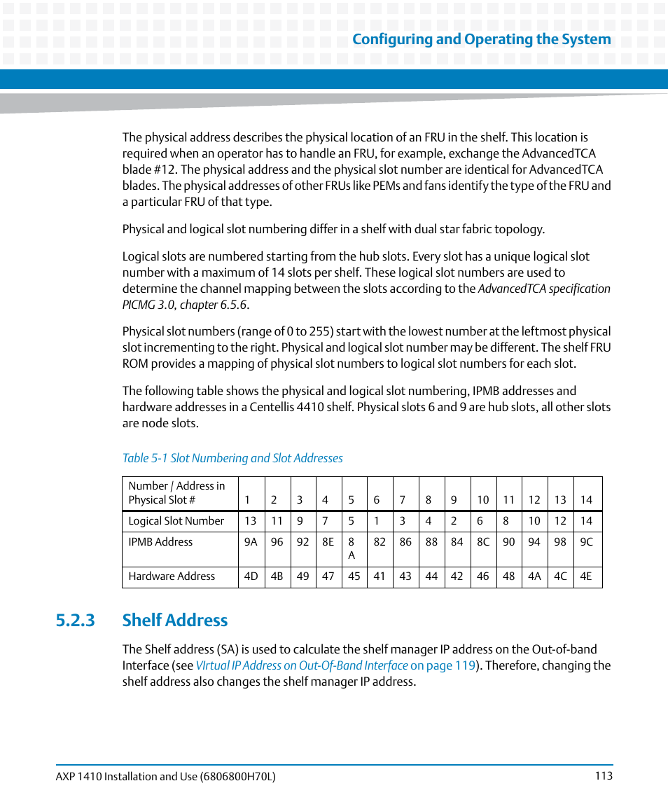 3 shelf address, Table 5-1, Slot numbering and slot addresses | Configuring and operating the system | Artesyn Centellis 4410 (AXP-1410) Installation and Use (July 2014) User Manual | Page 113 / 202