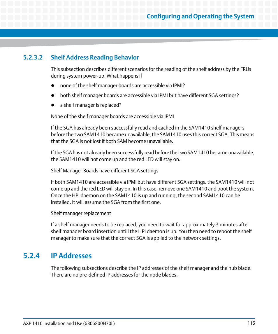 2 shelf address reading behavior, 4 ip addresses | Artesyn Centellis 4410 (AXP-1410) Installation and Use (July 2014) User Manual | Page 115 / 202