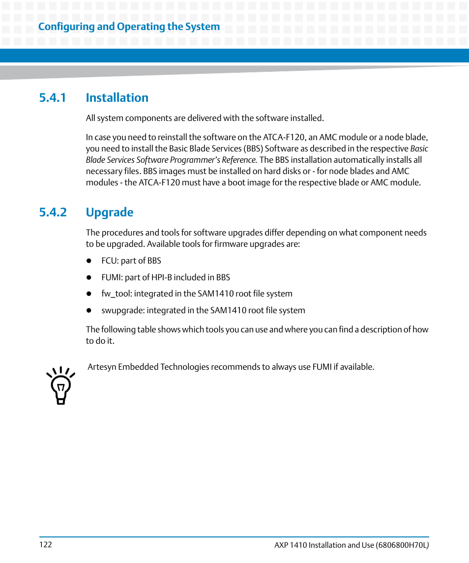 1 installation, 2 upgrade, 1 installation 5.4.2 upgrade | Artesyn Centellis 4410 (AXP-1410) Installation and Use (July 2014) User Manual | Page 122 / 202