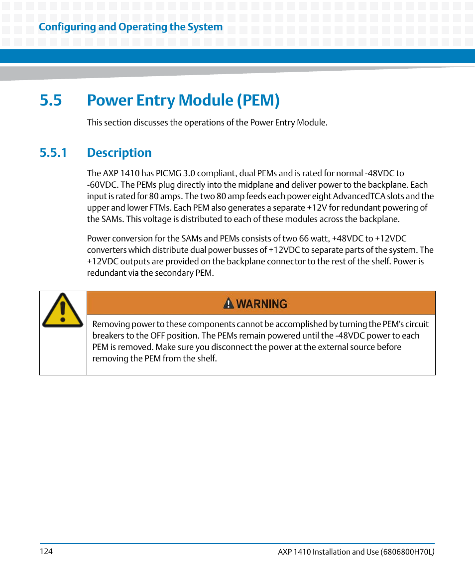 5 power entry module (pem), 1 description, Power entry module (pem) | Artesyn Centellis 4410 (AXP-1410) Installation and Use (July 2014) User Manual | Page 124 / 202