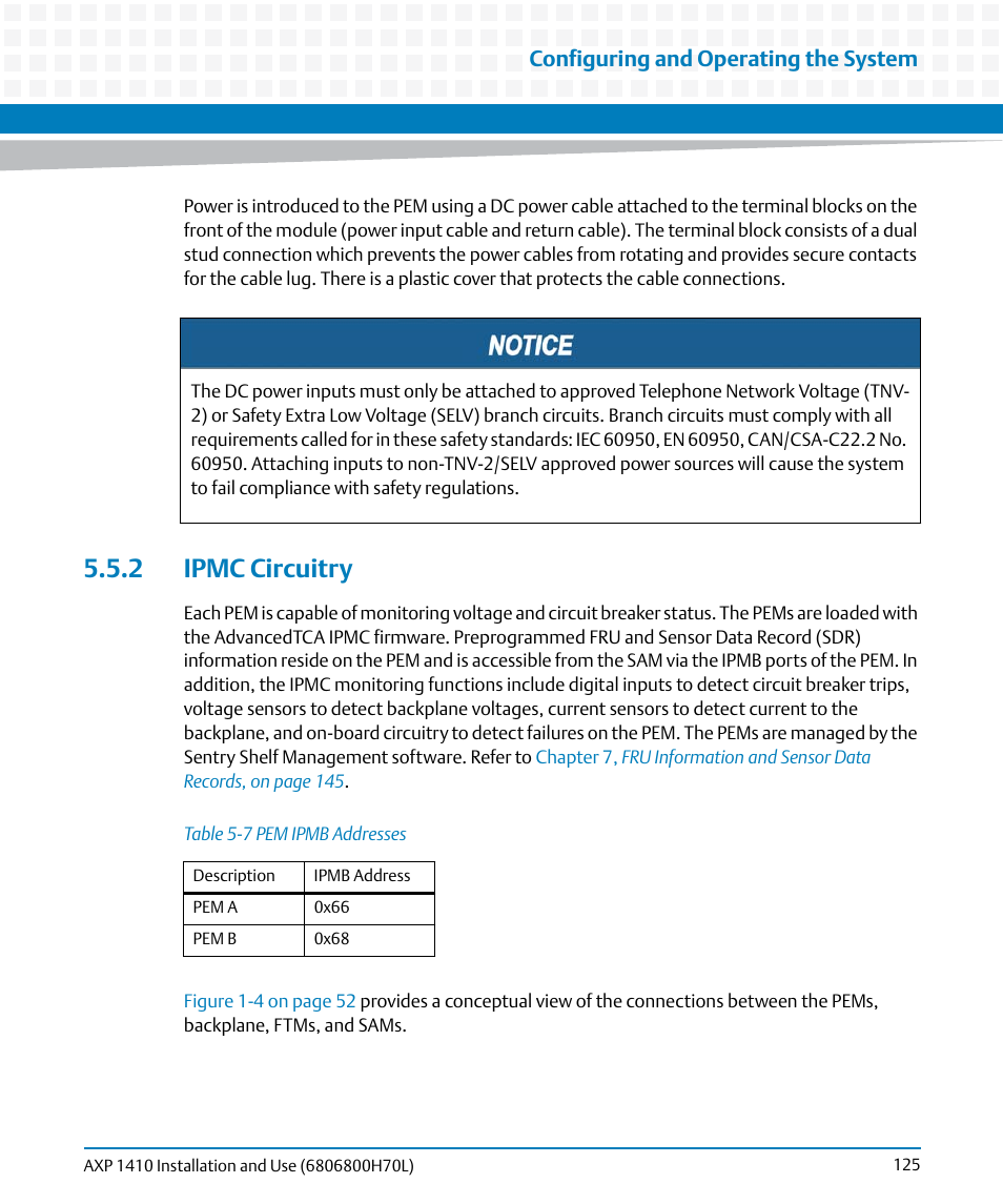 2 ipmc circuitry, Table 5-7, Pem ipmb addresses | Configuring and operating the system | Artesyn Centellis 4410 (AXP-1410) Installation and Use (July 2014) User Manual | Page 125 / 202