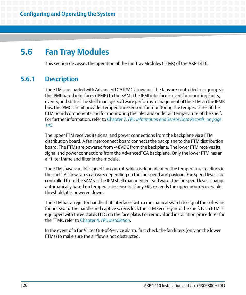 6 fan tray modules, 1 description, Fan tray modules | Artesyn Centellis 4410 (AXP-1410) Installation and Use (July 2014) User Manual | Page 126 / 202