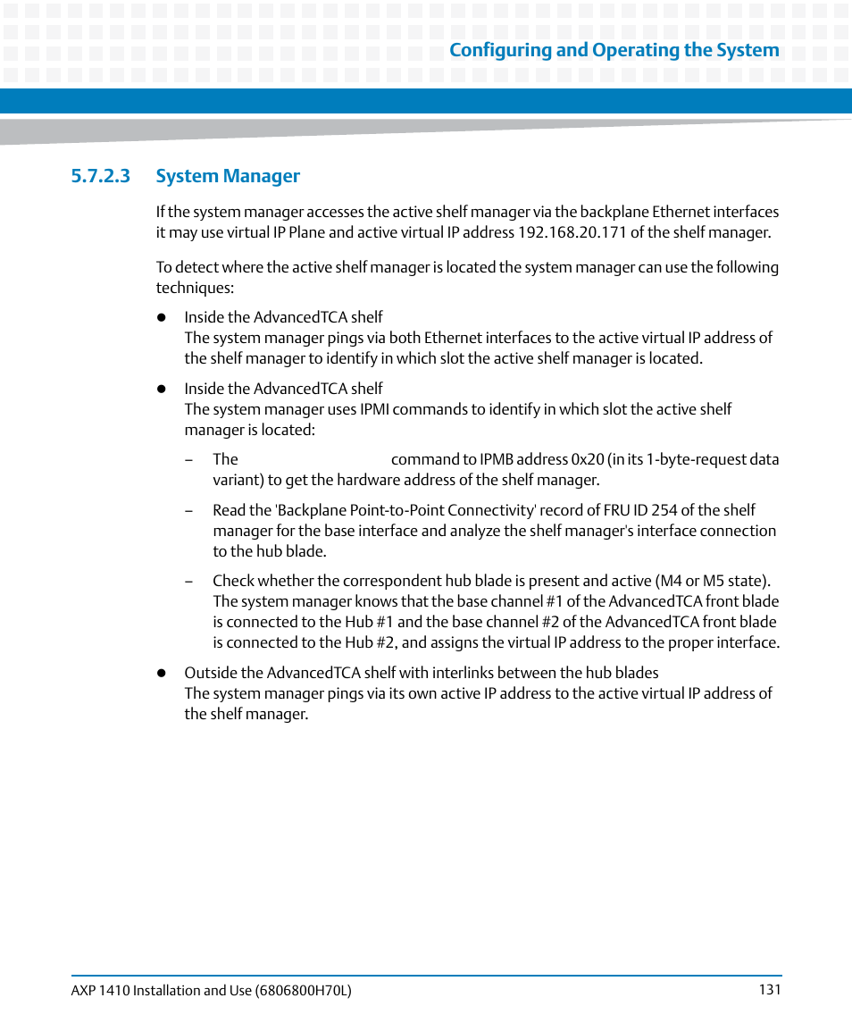 3 system manager, Configuring and operating the system | Artesyn Centellis 4410 (AXP-1410) Installation and Use (July 2014) User Manual | Page 131 / 202