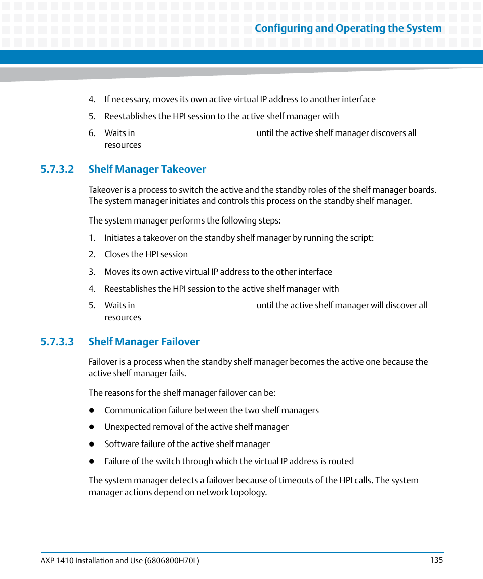 2 shelf manager takeover, 3 shelf manager failover, Configuring and operating the system | Artesyn Centellis 4410 (AXP-1410) Installation and Use (July 2014) User Manual | Page 135 / 202