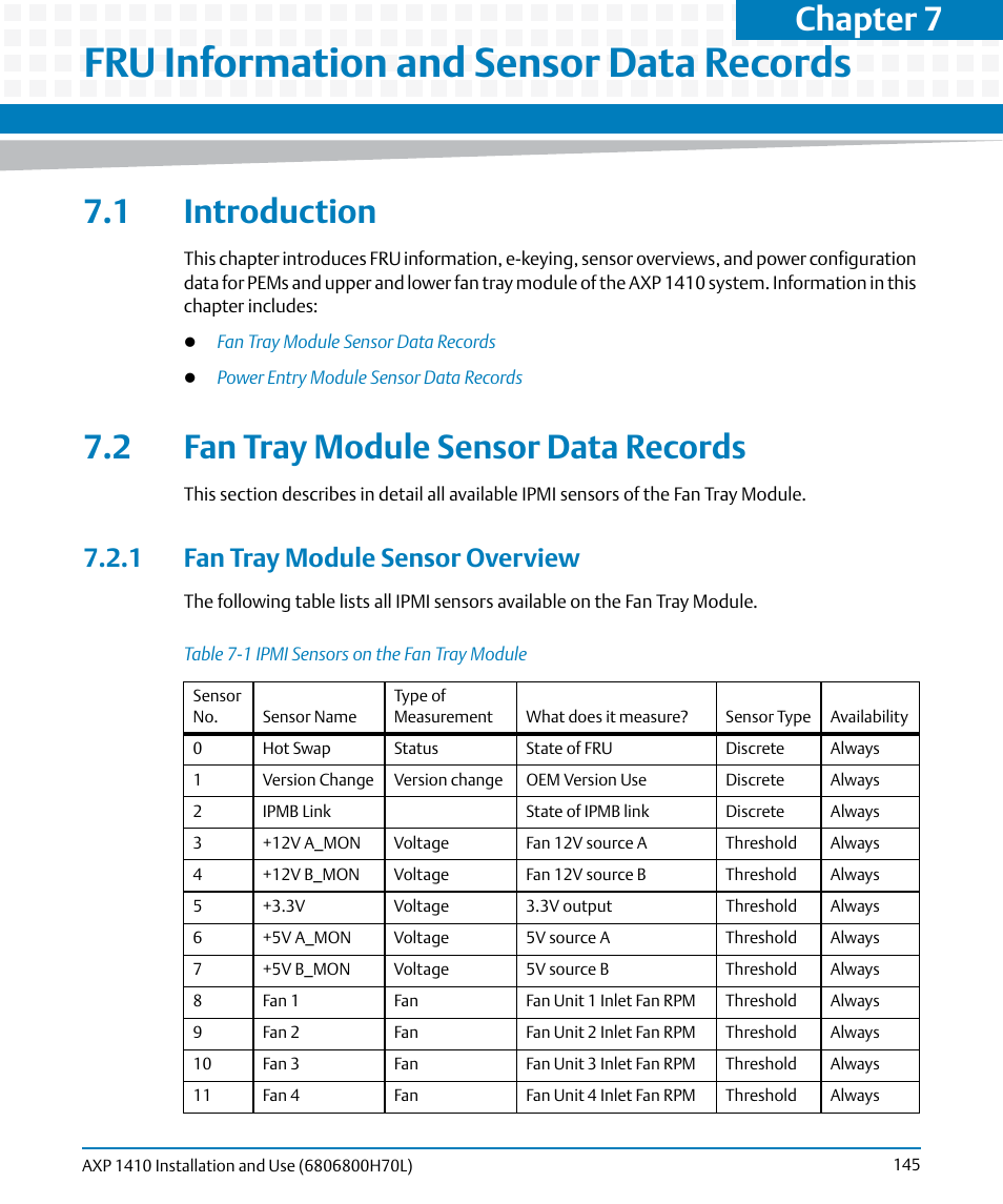 Fru information and sensor data records, 1 introduction, 2 fan tray module sensor data records | 1 fan tray module sensor overview, Table 7-1, Ipmi sensors on the fan tray module, Lists fr, Tm in, Fru information, And sensor data records | Artesyn Centellis 4410 (AXP-1410) Installation and Use (July 2014) User Manual | Page 145 / 202