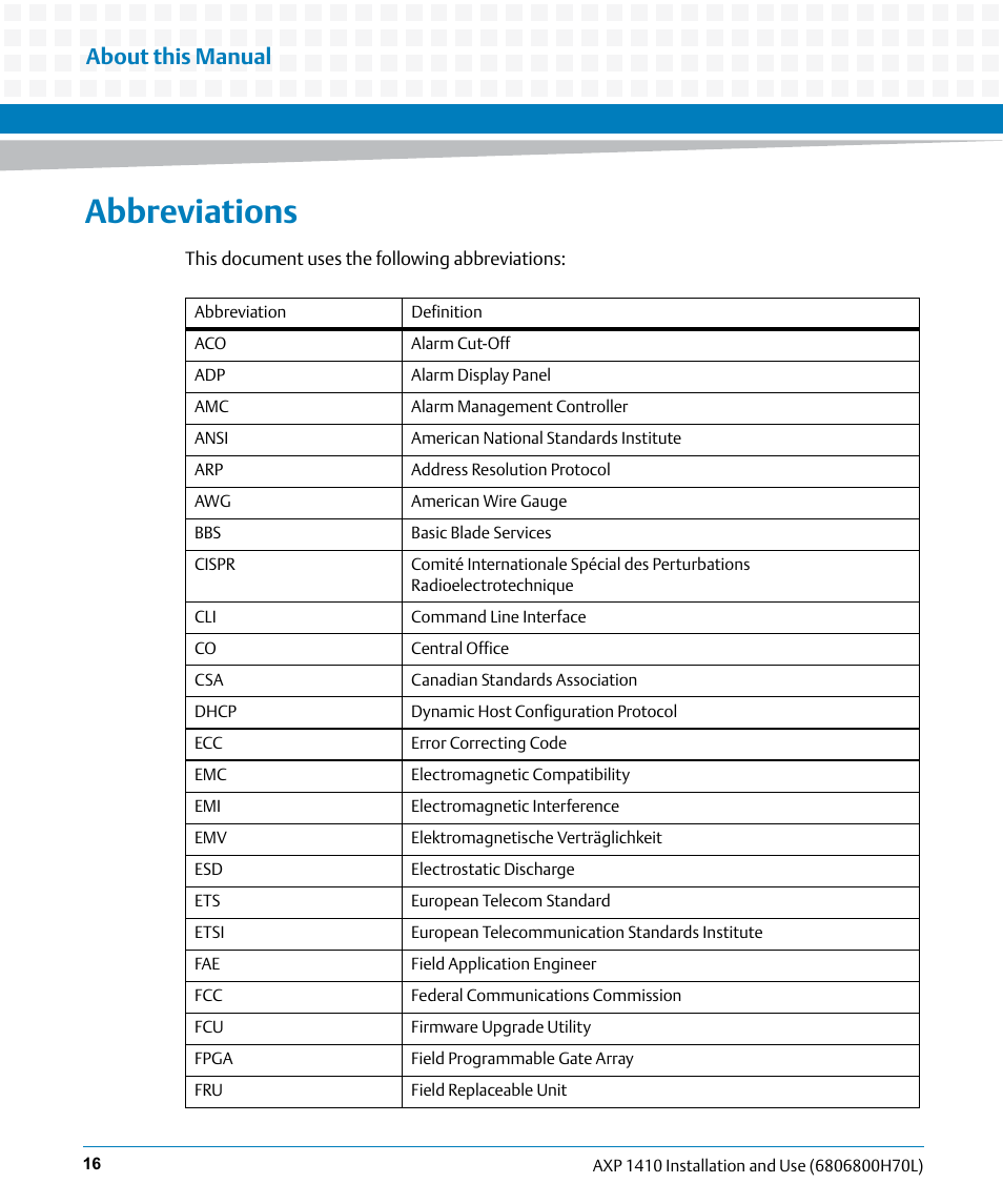 Abbreviations, About this manual | Artesyn Centellis 4410 (AXP-1410) Installation and Use (July 2014) User Manual | Page 16 / 202