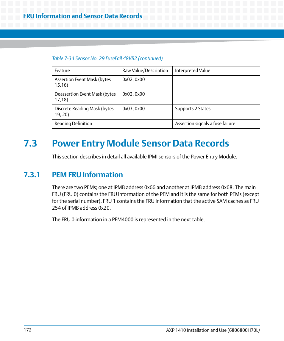 3 power entry module sensor data records, 1 pem fru information, Fru information and sensor data records | Artesyn Centellis 4410 (AXP-1410) Installation and Use (July 2014) User Manual | Page 172 / 202