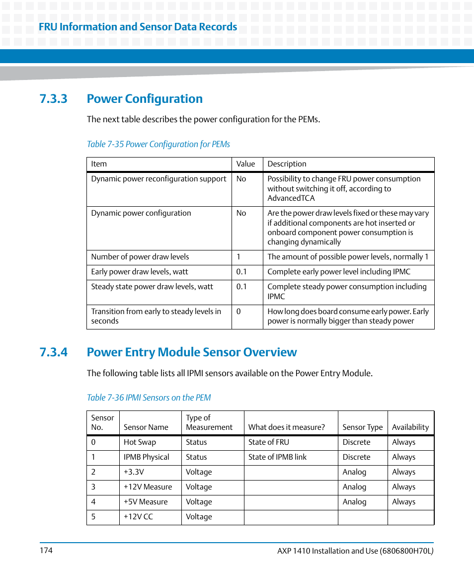 3 power configuration, 4 power entry module sensor overview, Table 7-35 | Power configuration for pems, Table 7-36, Ipmi sensors on the pem, Fru information and sensor data records | Artesyn Centellis 4410 (AXP-1410) Installation and Use (July 2014) User Manual | Page 174 / 202