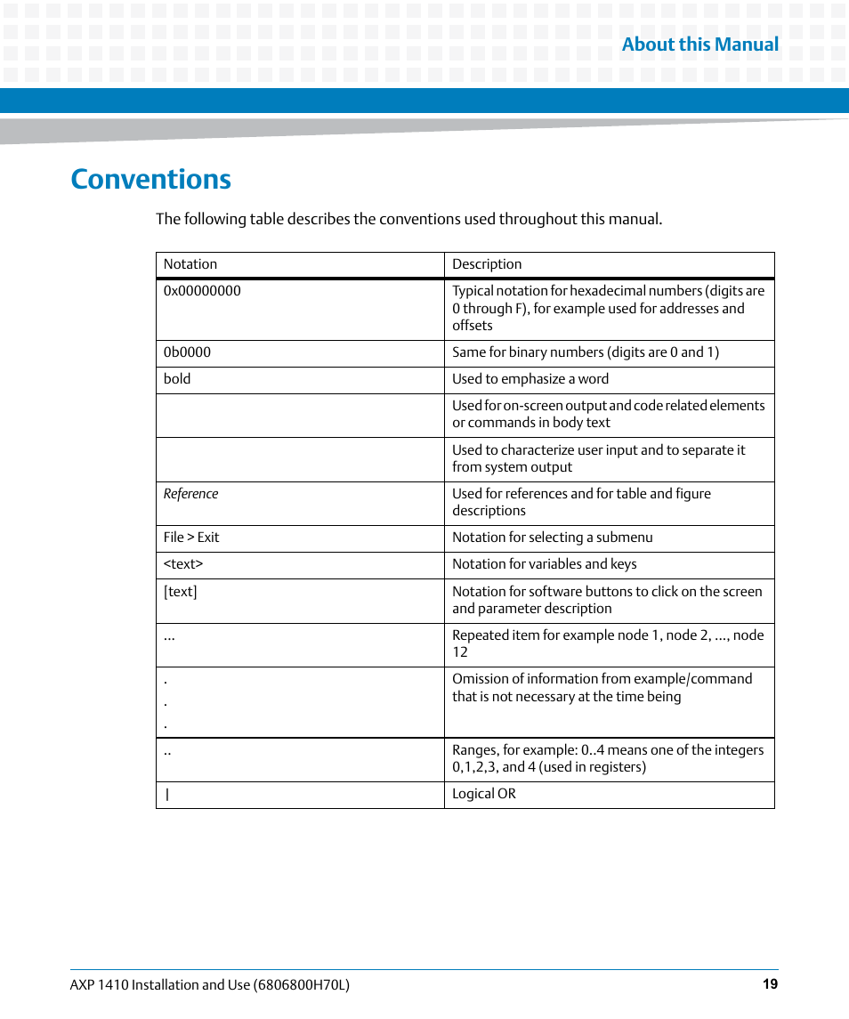 Conventions, About this manual | Artesyn Centellis 4410 (AXP-1410) Installation and Use (July 2014) User Manual | Page 19 / 202