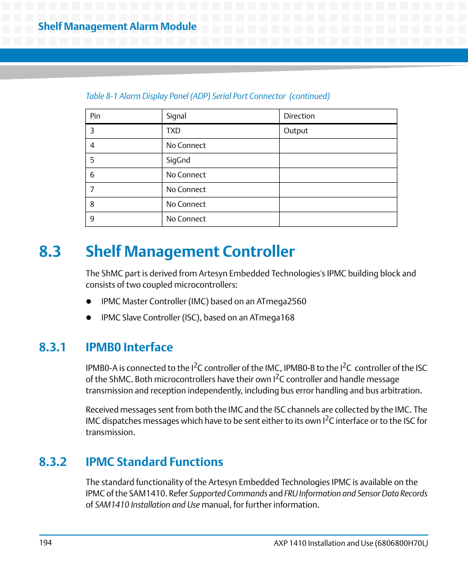 3 shelf management controller, 1 ipmb0 interface, 2 ipmc standard functions | 1 ipmb0 interface 8.3.2 ipmc standard functions, Shelf management alarm module | Artesyn Centellis 4410 (AXP-1410) Installation and Use (July 2014) User Manual | Page 194 / 202
