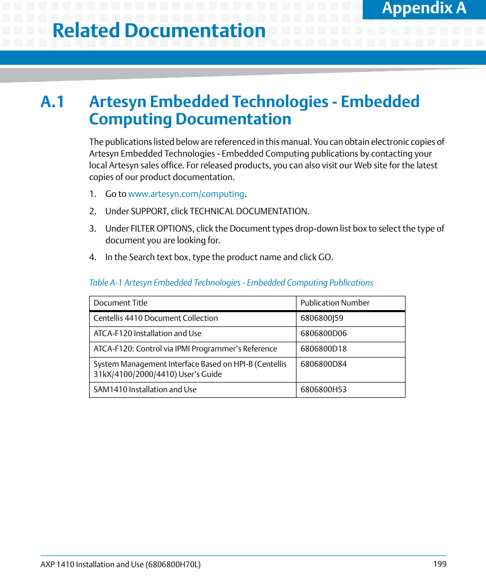 A related documentation, Table a-1, Related documentation | Appendix a | Artesyn Centellis 4410 (AXP-1410) Installation and Use (July 2014) User Manual | Page 199 / 202
