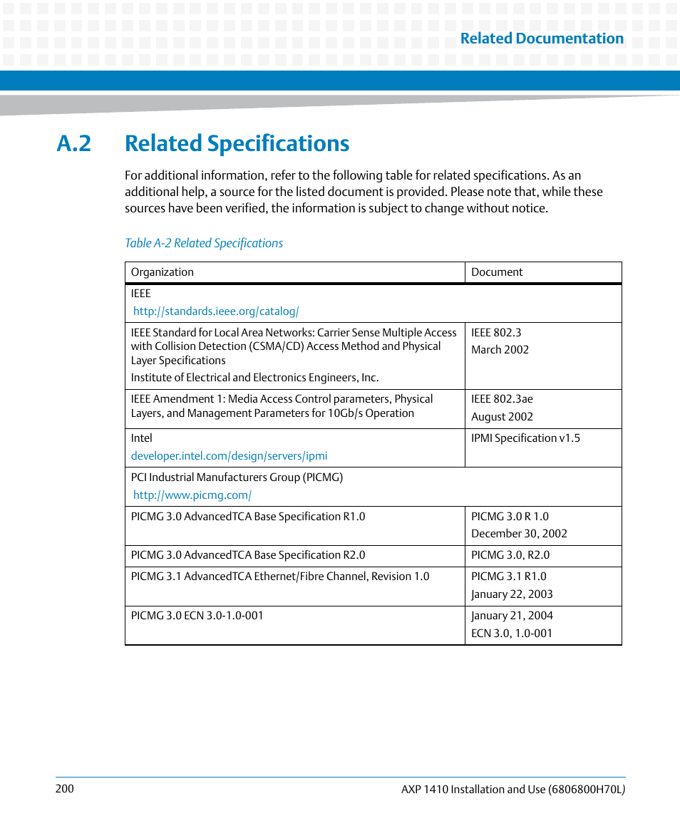 A.2 related specifications, Table a-2, Related specifications | Related documentation | Artesyn Centellis 4410 (AXP-1410) Installation and Use (July 2014) User Manual | Page 200 / 202