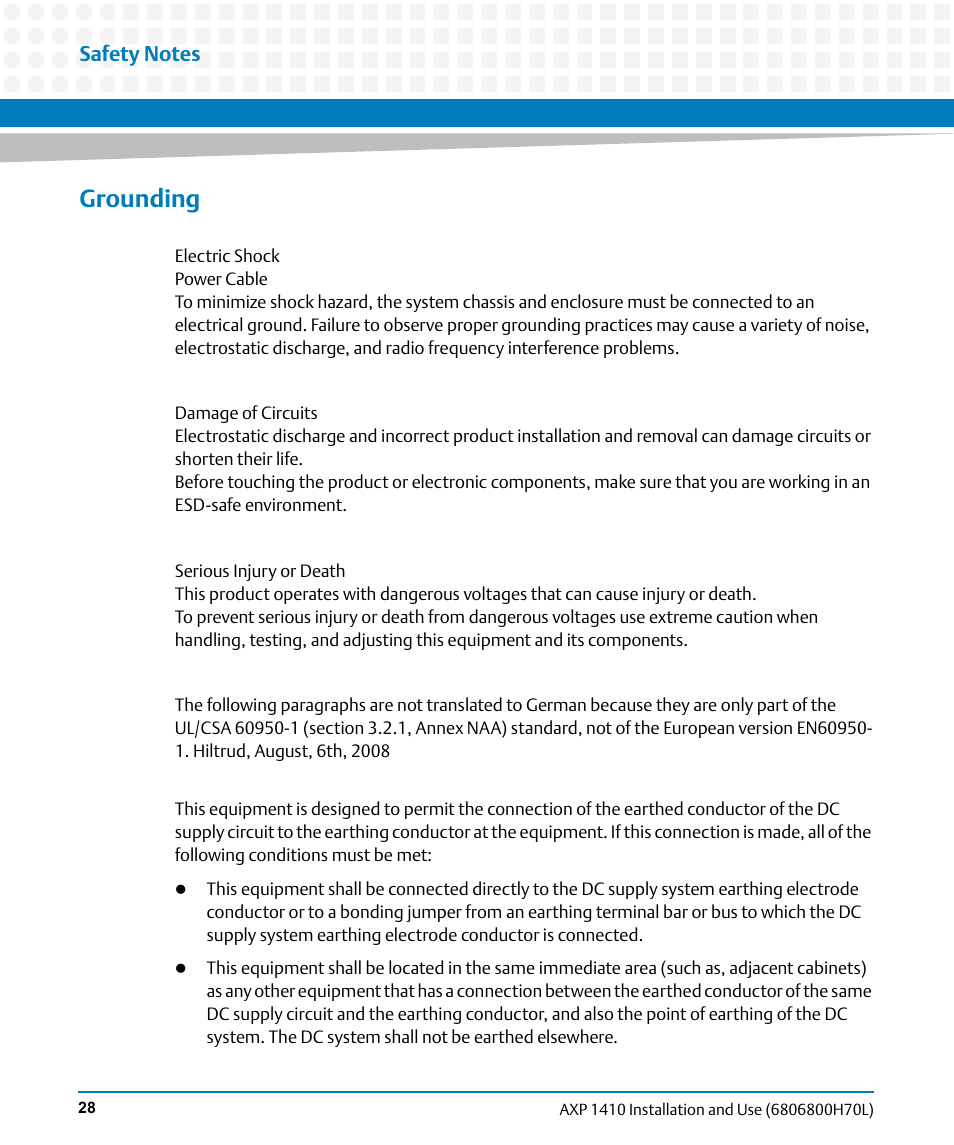 Grounding | Artesyn Centellis 4410 (AXP-1410) Installation and Use (July 2014) User Manual | Page 28 / 202