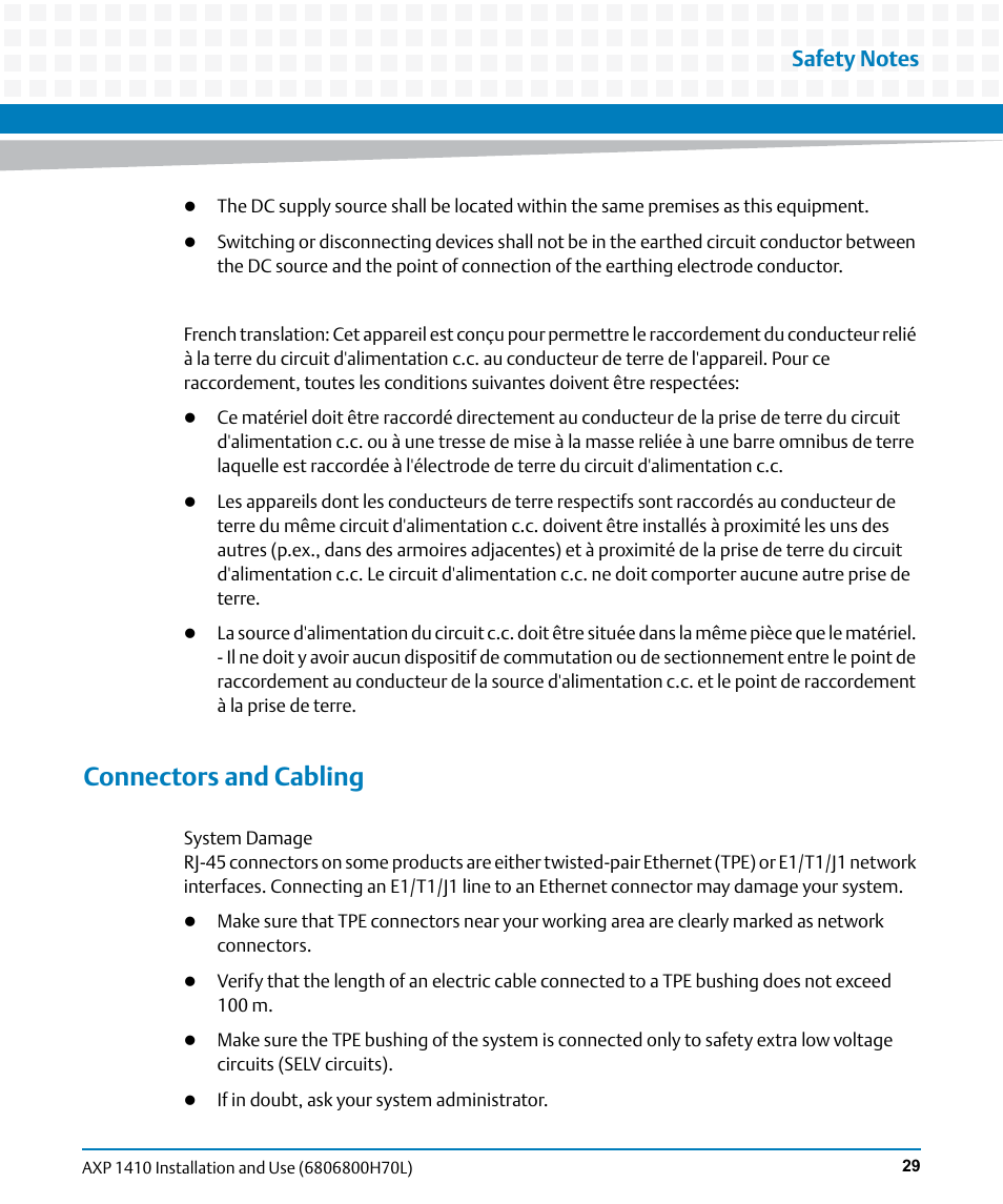 Connectors and cabling | Artesyn Centellis 4410 (AXP-1410) Installation and Use (July 2014) User Manual | Page 29 / 202