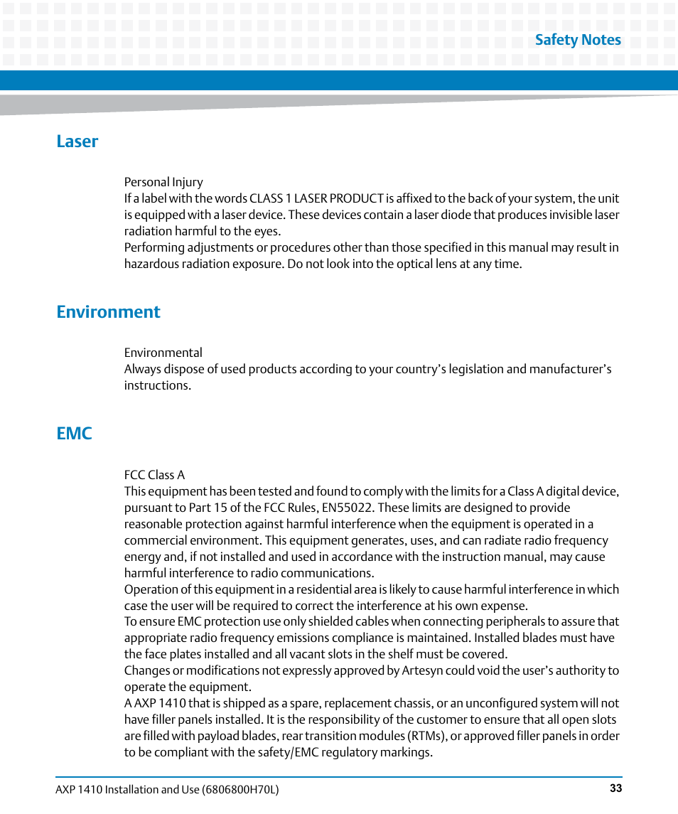 Laser, Environment | Artesyn Centellis 4410 (AXP-1410) Installation and Use (July 2014) User Manual | Page 33 / 202