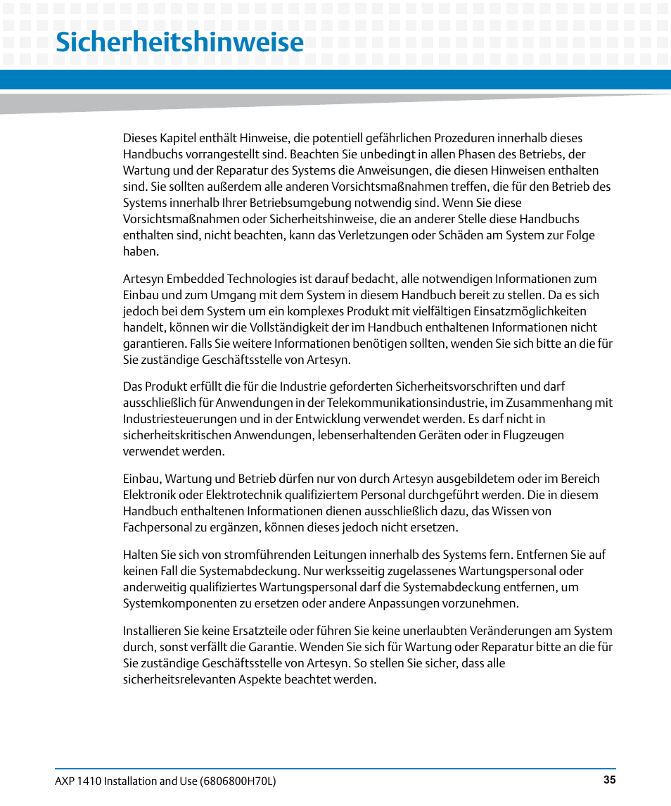 Sicherheitshinweise | Artesyn Centellis 4410 (AXP-1410) Installation and Use (July 2014) User Manual | Page 35 / 202