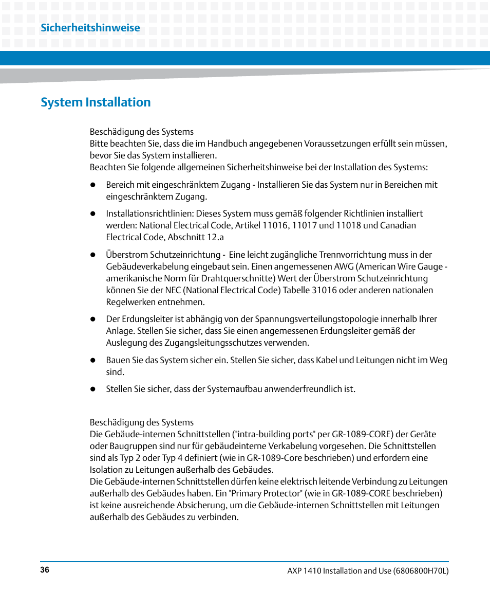 System installation, Sicherheitshinweise | Artesyn Centellis 4410 (AXP-1410) Installation and Use (July 2014) User Manual | Page 36 / 202