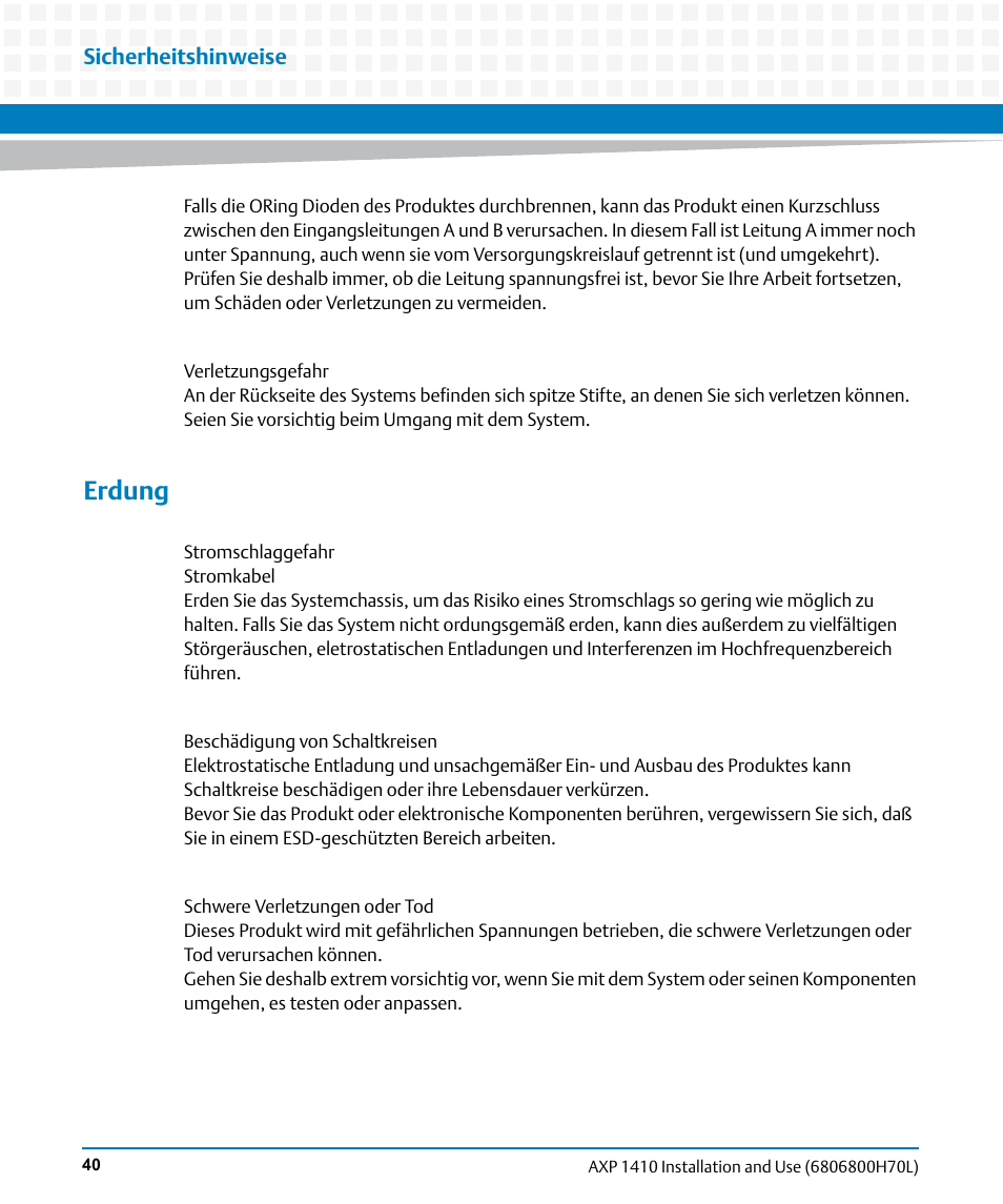 Erdung, Sicherheitshinweise | Artesyn Centellis 4410 (AXP-1410) Installation and Use (July 2014) User Manual | Page 40 / 202