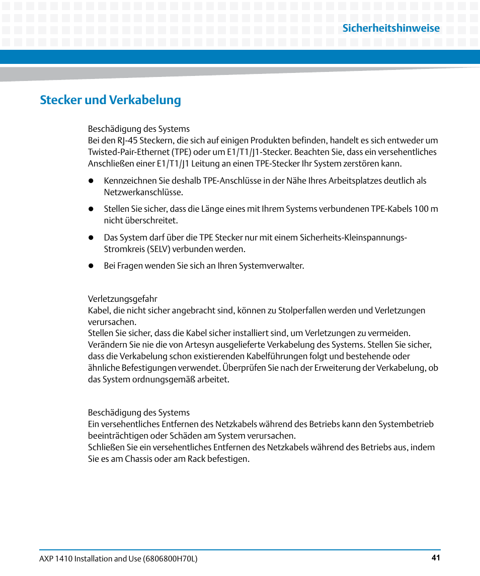 Stecker und verkabelung, Sicherheitshinweise | Artesyn Centellis 4410 (AXP-1410) Installation and Use (July 2014) User Manual | Page 41 / 202