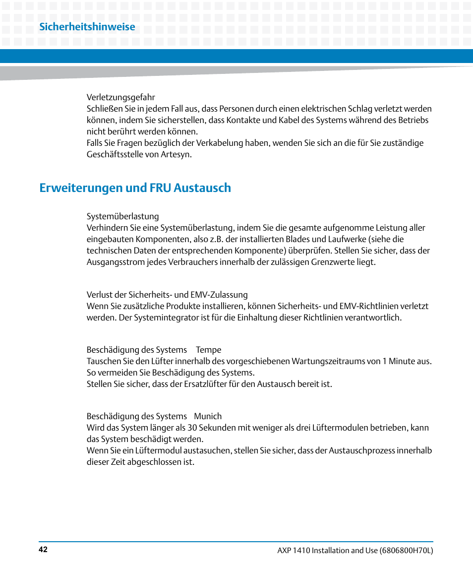 Erweiterungen und fru austausch, Sicherheitshinweise | Artesyn Centellis 4410 (AXP-1410) Installation and Use (July 2014) User Manual | Page 42 / 202