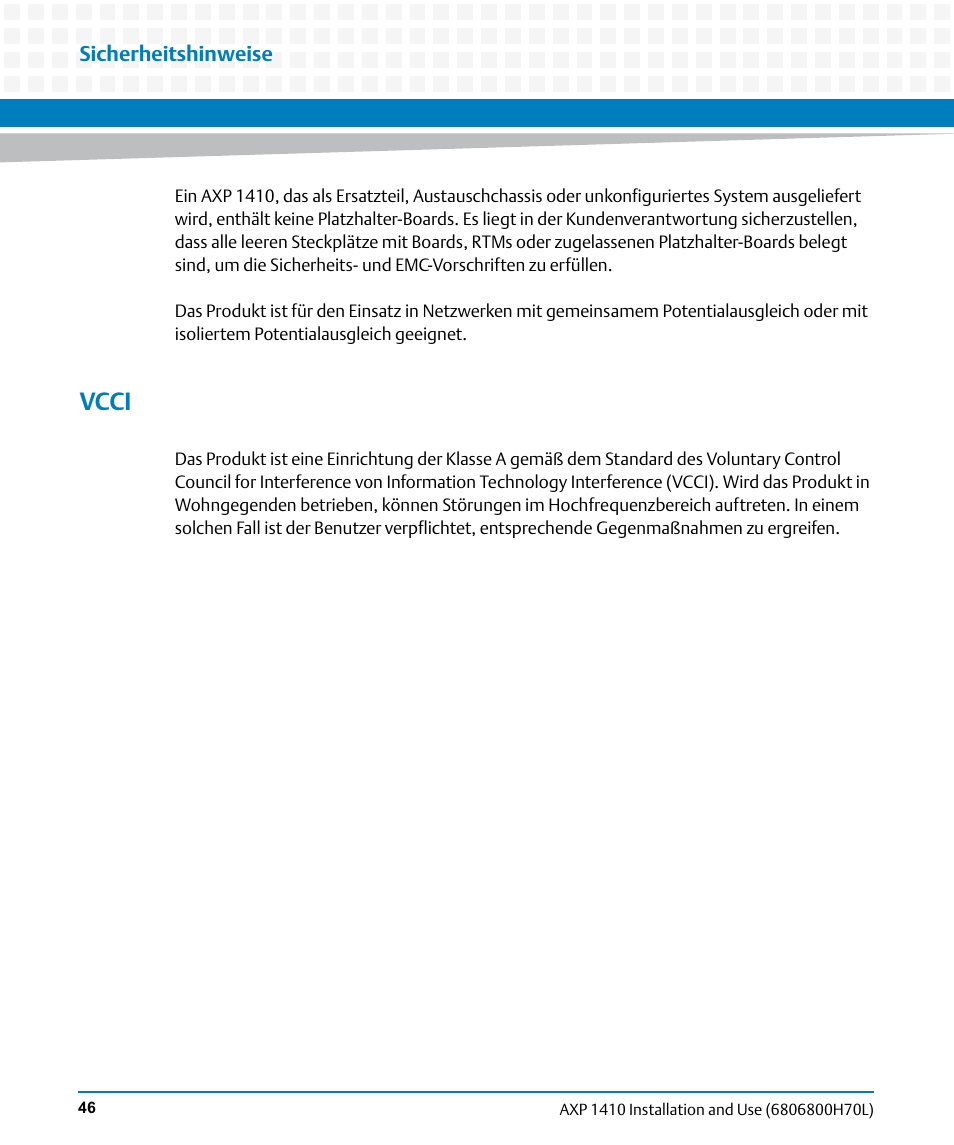 Vcci | Artesyn Centellis 4410 (AXP-1410) Installation and Use (July 2014) User Manual | Page 46 / 202