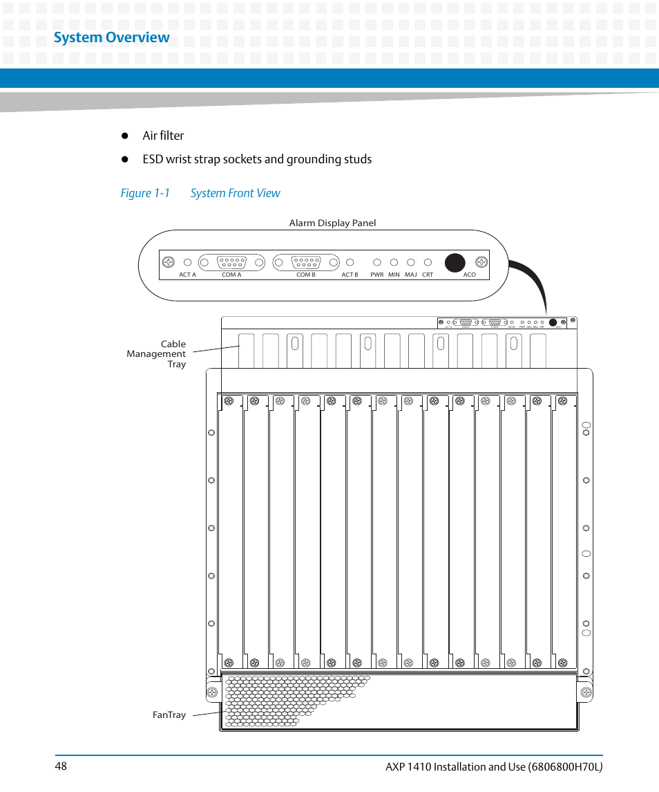 Figure 1-1, System front view, System overview | Air filter, Cable management tray fantray, Alarm display panel | Artesyn Centellis 4410 (AXP-1410) Installation and Use (July 2014) User Manual | Page 48 / 202