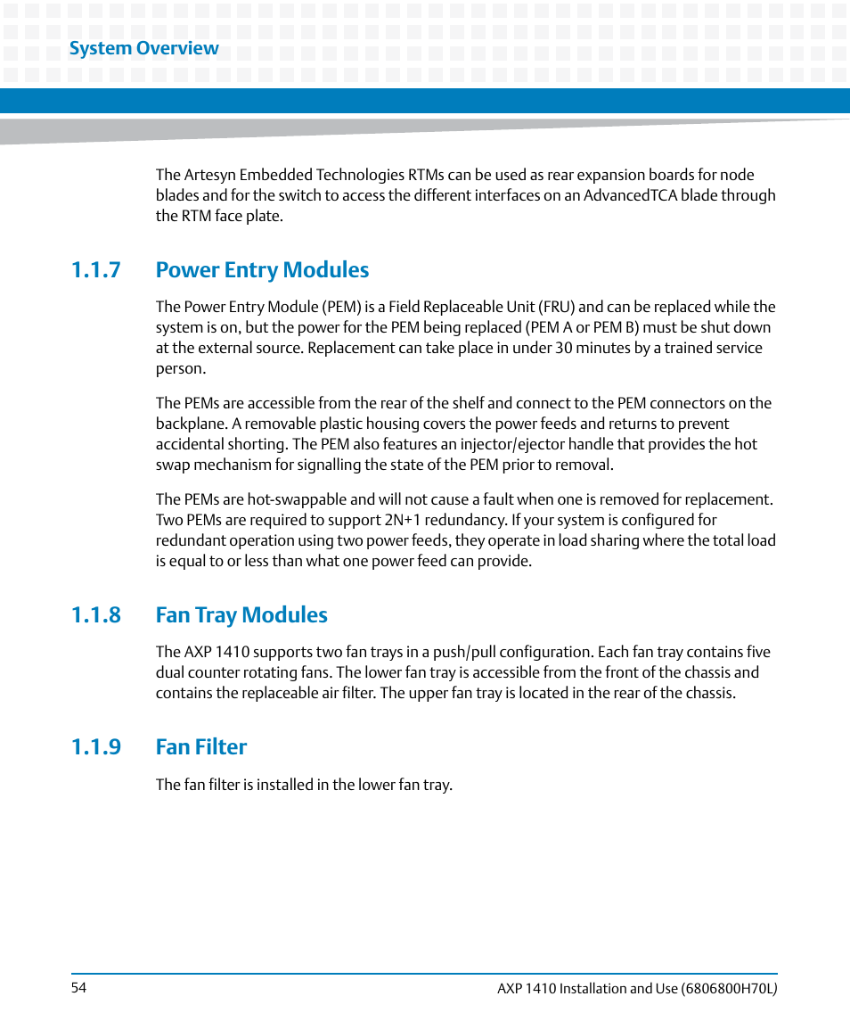 7 power entry modules, 8 fan tray modules, 9 fan filter | Artesyn Centellis 4410 (AXP-1410) Installation and Use (July 2014) User Manual | Page 54 / 202
