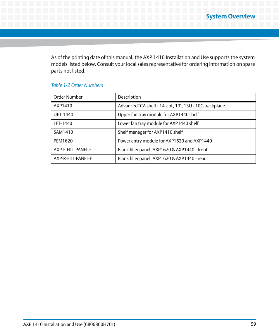 Table 1-2, Order numbers, System overview | Artesyn Centellis 4410 (AXP-1410) Installation and Use (July 2014) User Manual | Page 59 / 202