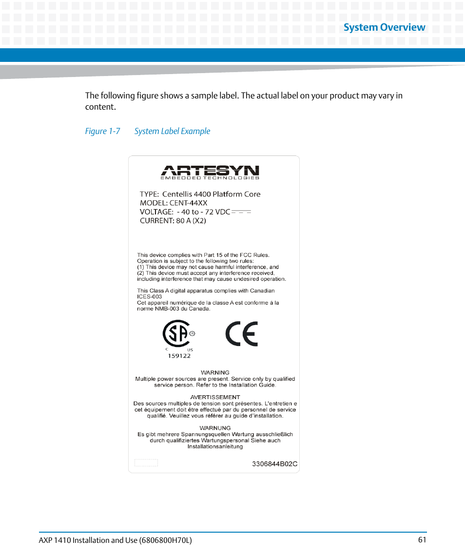 Figure 1-7, System label example, System overview | Artesyn Centellis 4410 (AXP-1410) Installation and Use (July 2014) User Manual | Page 61 / 202