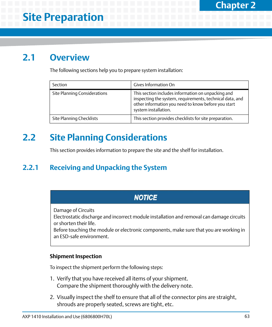 Site preparation, 1 overview, 2 site planning considerations | 1 receiving and unpacking the system, 1 overview 2.2 site planning considerations, Chapter 2 | Artesyn Centellis 4410 (AXP-1410) Installation and Use (July 2014) User Manual | Page 63 / 202