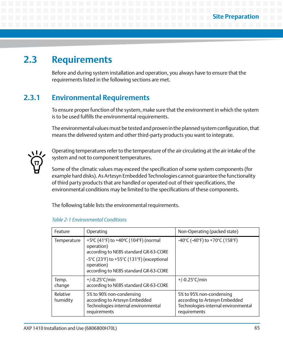 3 requirements, 1 environmental requirements, Table 2-1 | Environmental conditions | Artesyn Centellis 4410 (AXP-1410) Installation and Use (July 2014) User Manual | Page 65 / 202