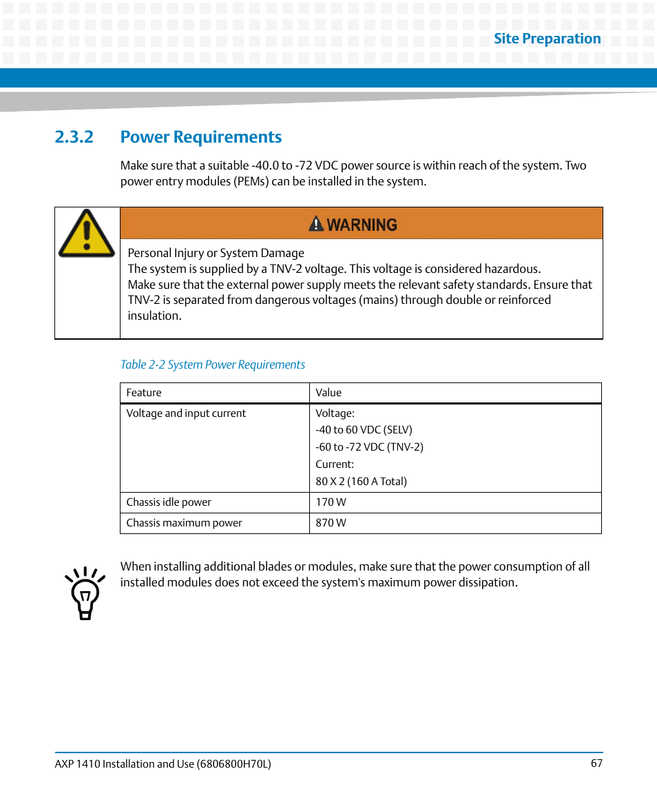 2 power requirements, Table 2-2, System power requirements | Site preparation | Artesyn Centellis 4410 (AXP-1410) Installation and Use (July 2014) User Manual | Page 67 / 202