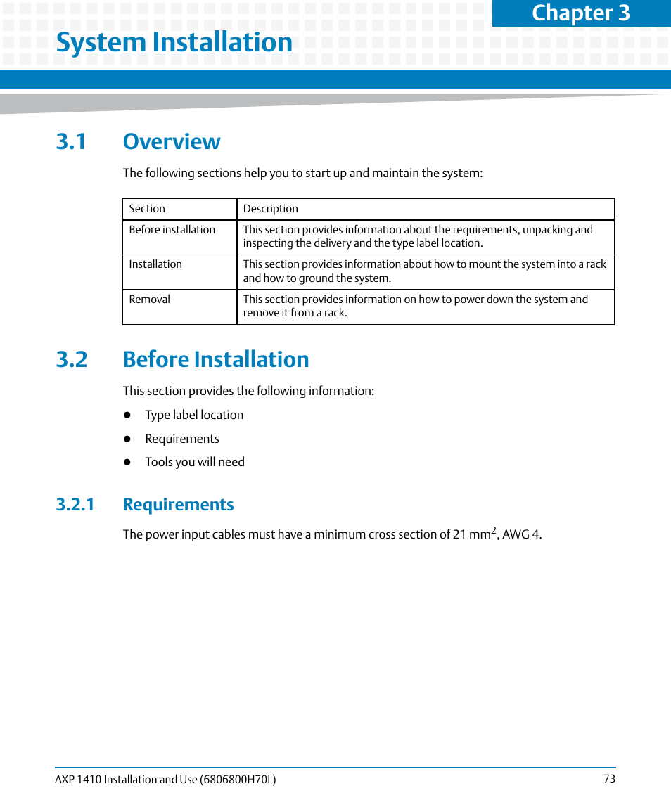 System installation, 1 overview, 2 before installation | 1 requirements, 1 overview 3.2 before installation, Chapter 3 | Artesyn Centellis 4410 (AXP-1410) Installation and Use (July 2014) User Manual | Page 73 / 202