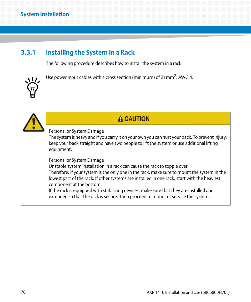 1 installing the system in a rack | Artesyn Centellis 4410 (AXP-1410) Installation and Use (July 2014) User Manual | Page 76 / 202