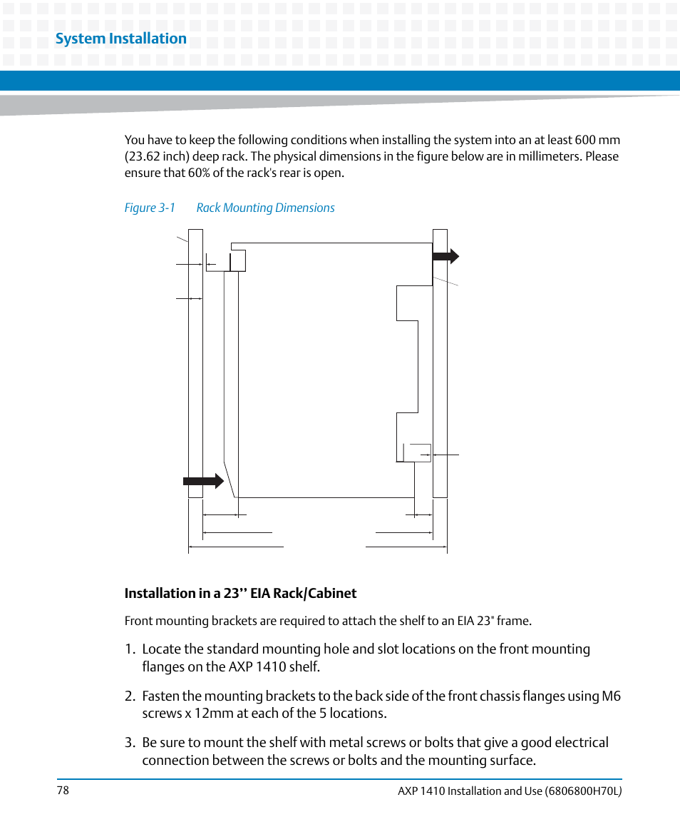 Figure 3-1, Rack mounting dimensions, System installation | Installation in a 23’’ eia rack/cabinet | Artesyn Centellis 4410 (AXP-1410) Installation and Use (July 2014) User Manual | Page 78 / 202